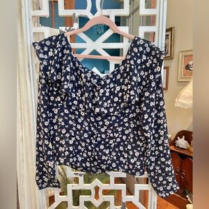 Vintage 90s GSL Navy Floral ruffle Blouse with cloth buttons